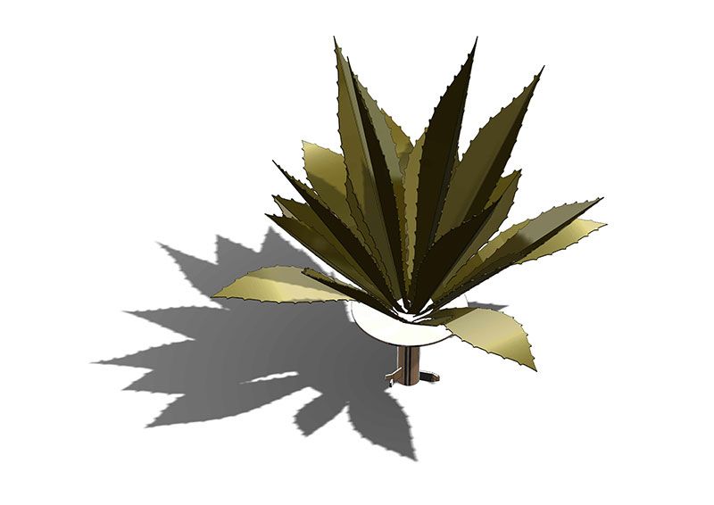 Rendu 3D d'une plante épineuse aux feuilles brun-vert projetant une ombre sur une surface blanche.