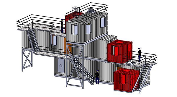 Une structure construite à partir de conteneurs d'expédition empilés avec des escaliers et des passerelles ; deux personnes debout.
