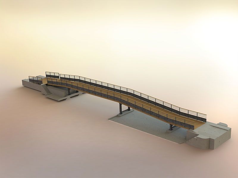 Rendu informatique d'un pont piétonnier incurvé avec un tablier en bois et une balustrade noire sur un fond de couleur claire.