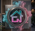 Logotipo de la casa en verde azulado neón y rosa en una placa metálica con niebla de color ahumado en una habitación moderna.
