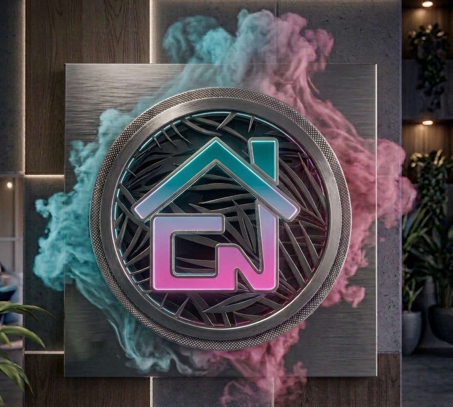 Logotipo de la casa en verde azulado neón y rosa en una placa metálica con niebla de color ahumado en una habitación moderna.