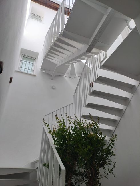 Escalera blanca con escalones metálicos en zigzag y un árbol verde en maceta debajo.