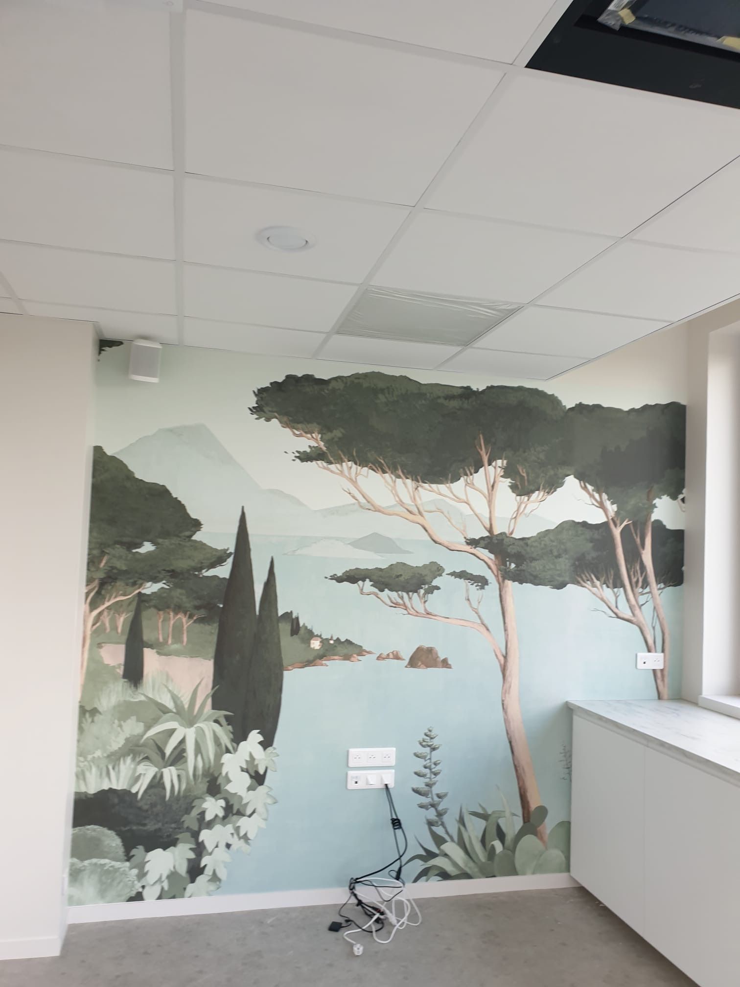 Pièce en rénovation avec un papier peint représentant une île