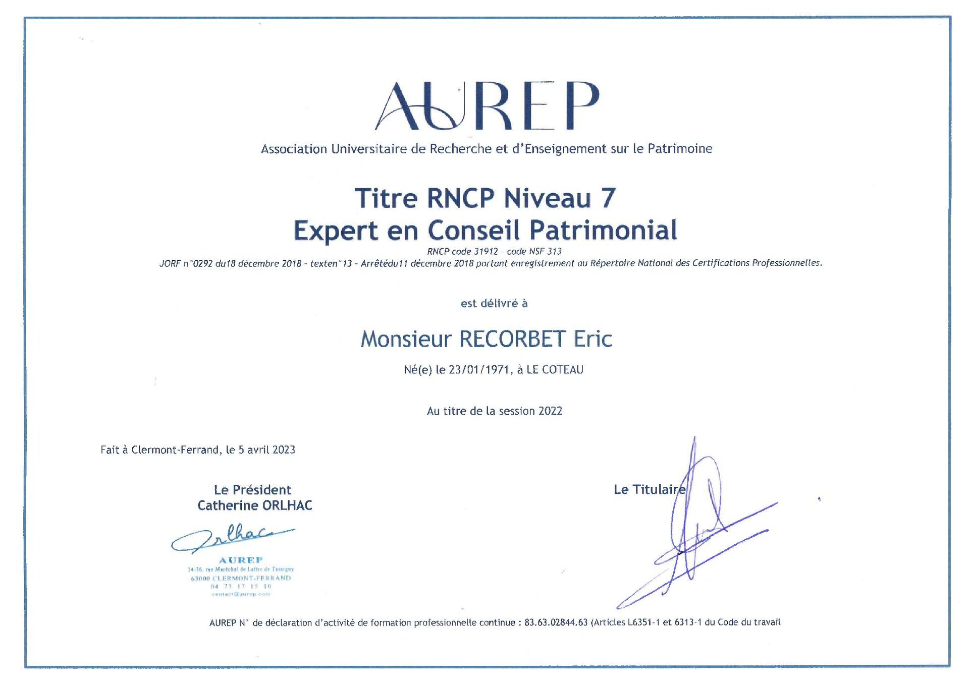 Diplôme AUREP : titre RNCP Niveau 7, expert en conseil patrimonial