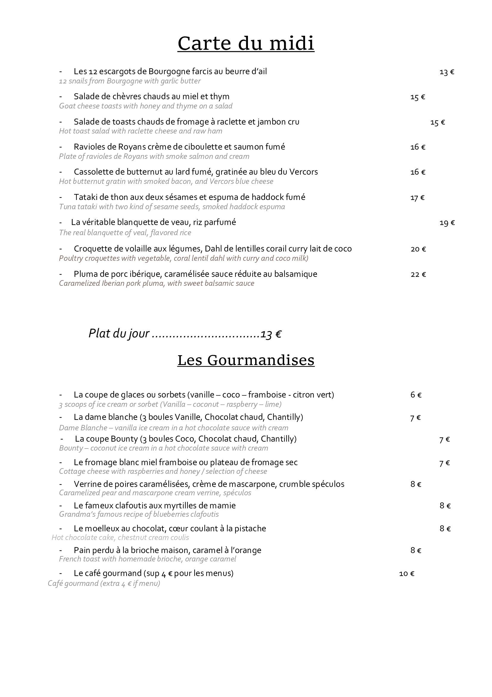Menu carte du midi et desserts