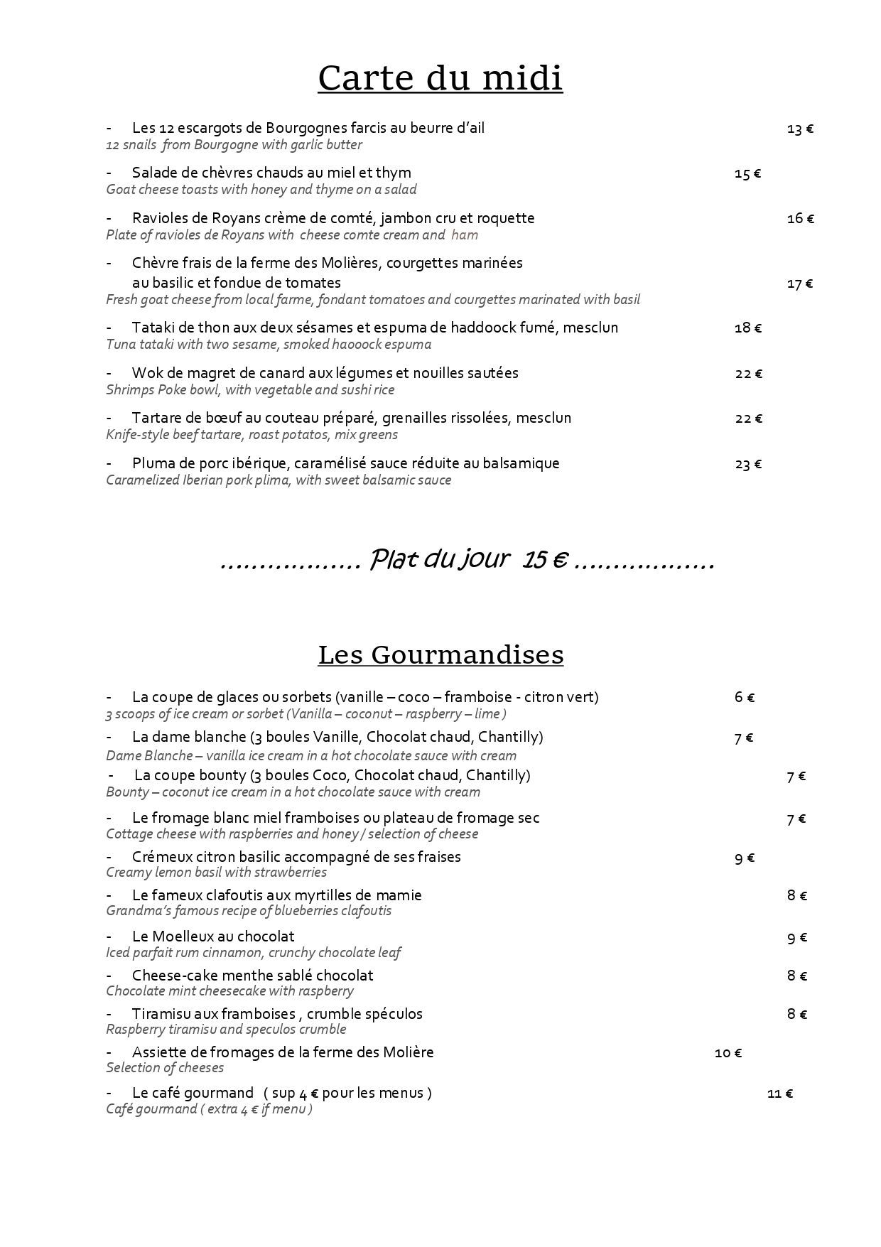 Menu carte du midi et desserts