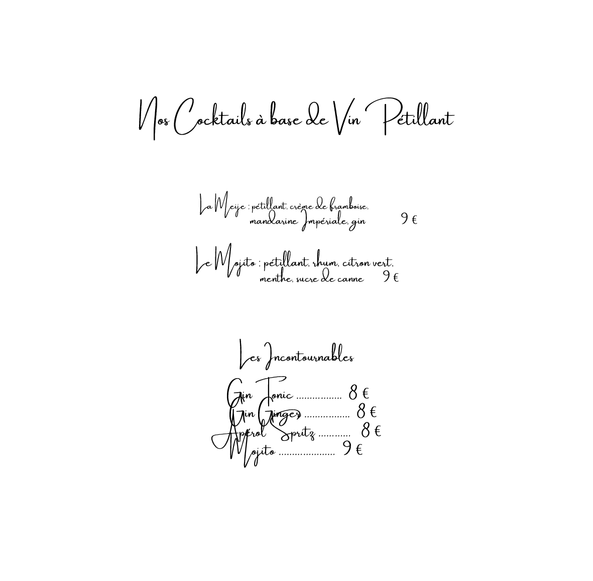 Menu des cocktails
