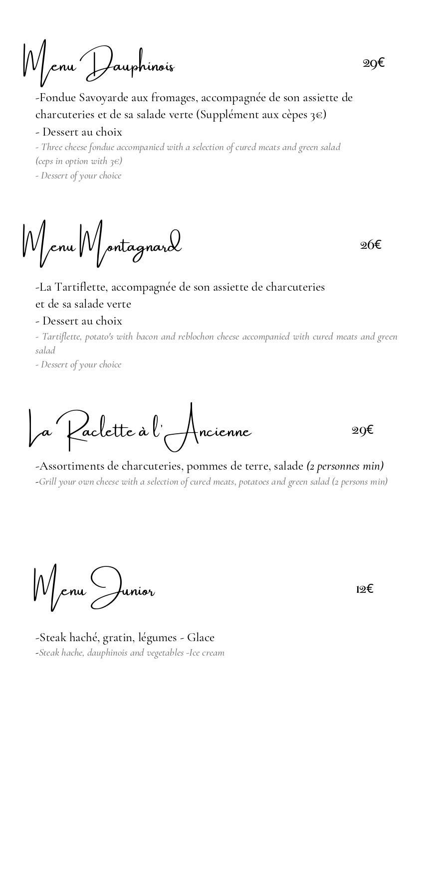 Menus dauphinois et montagnard avec les tarifs