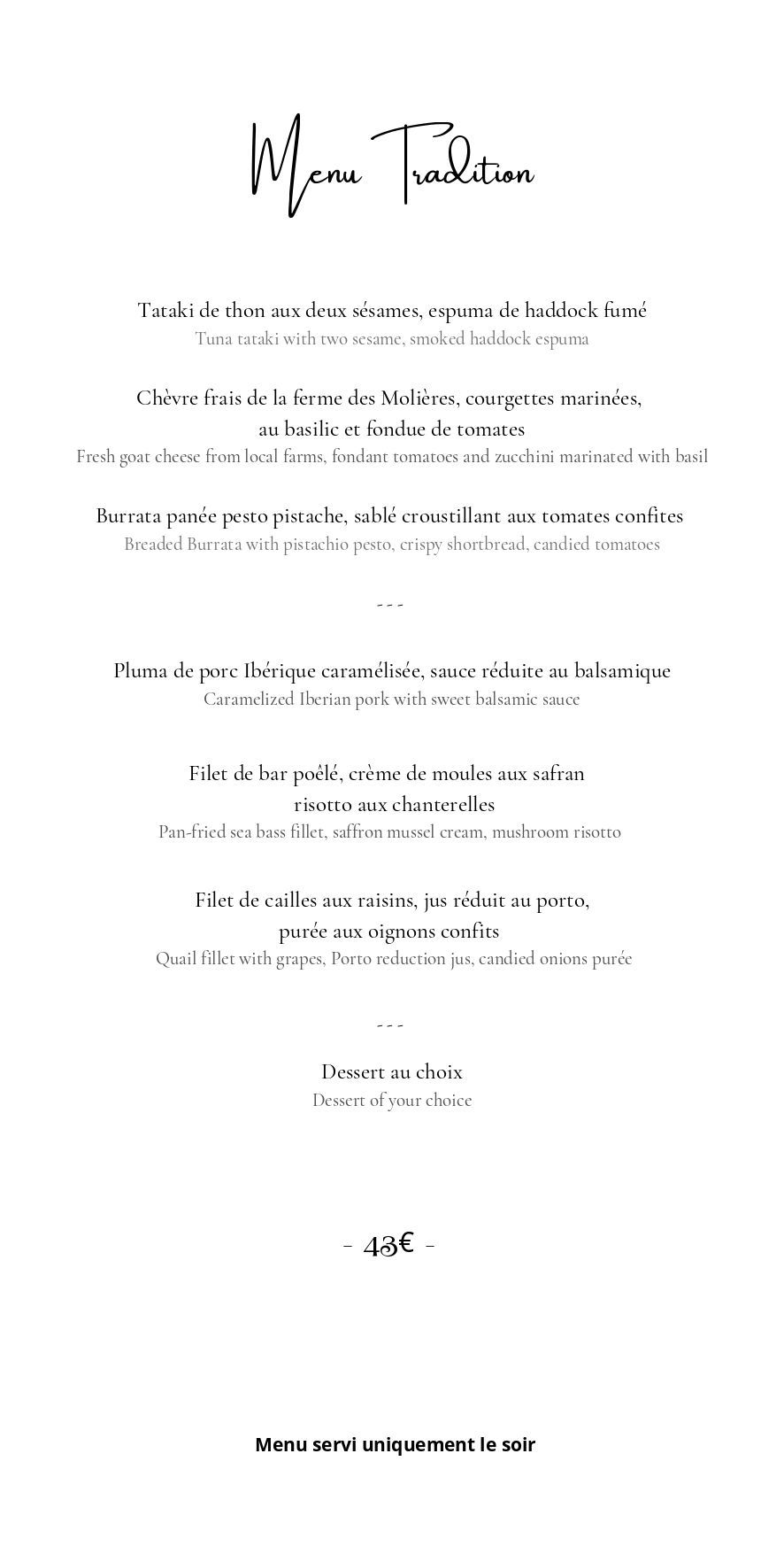 Menu tradition avec les tarifs