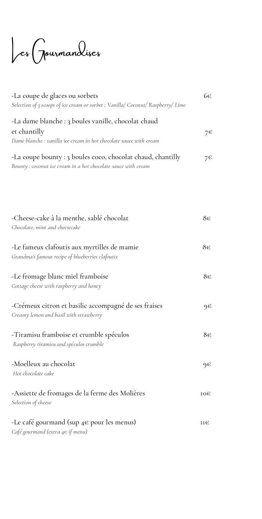 Plats du restaurant à la carte