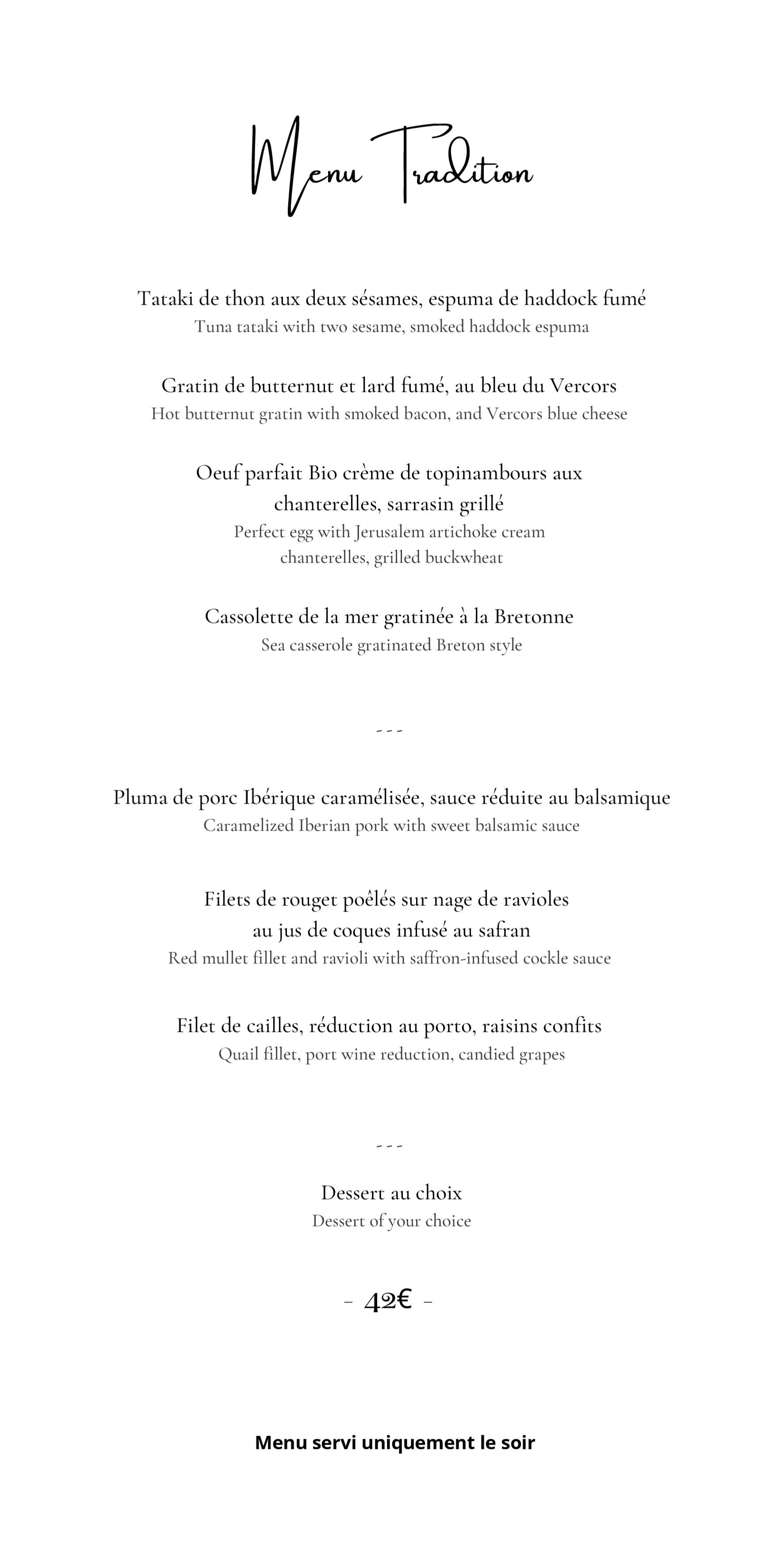 Menu tradition avec les tarifs