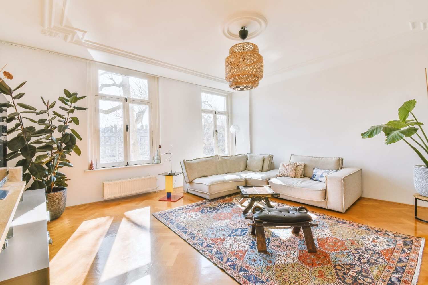 Sala de estar luminosa con sofá beige, alfombra estampada, grandes ventanales y plantas en macetas.