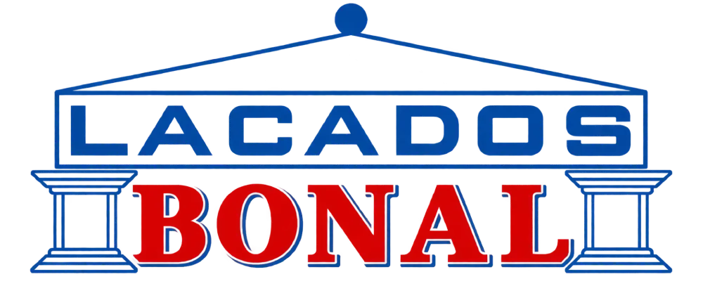 Logotipo de LACADOS BONAL en azul y rojo con un dise&ntilde;o de columna cl&aacute;sica