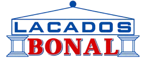 Logotipo de LACADOS BONAL en azul y rojo con un dise&ntilde;o de columna cl&aacute;sica