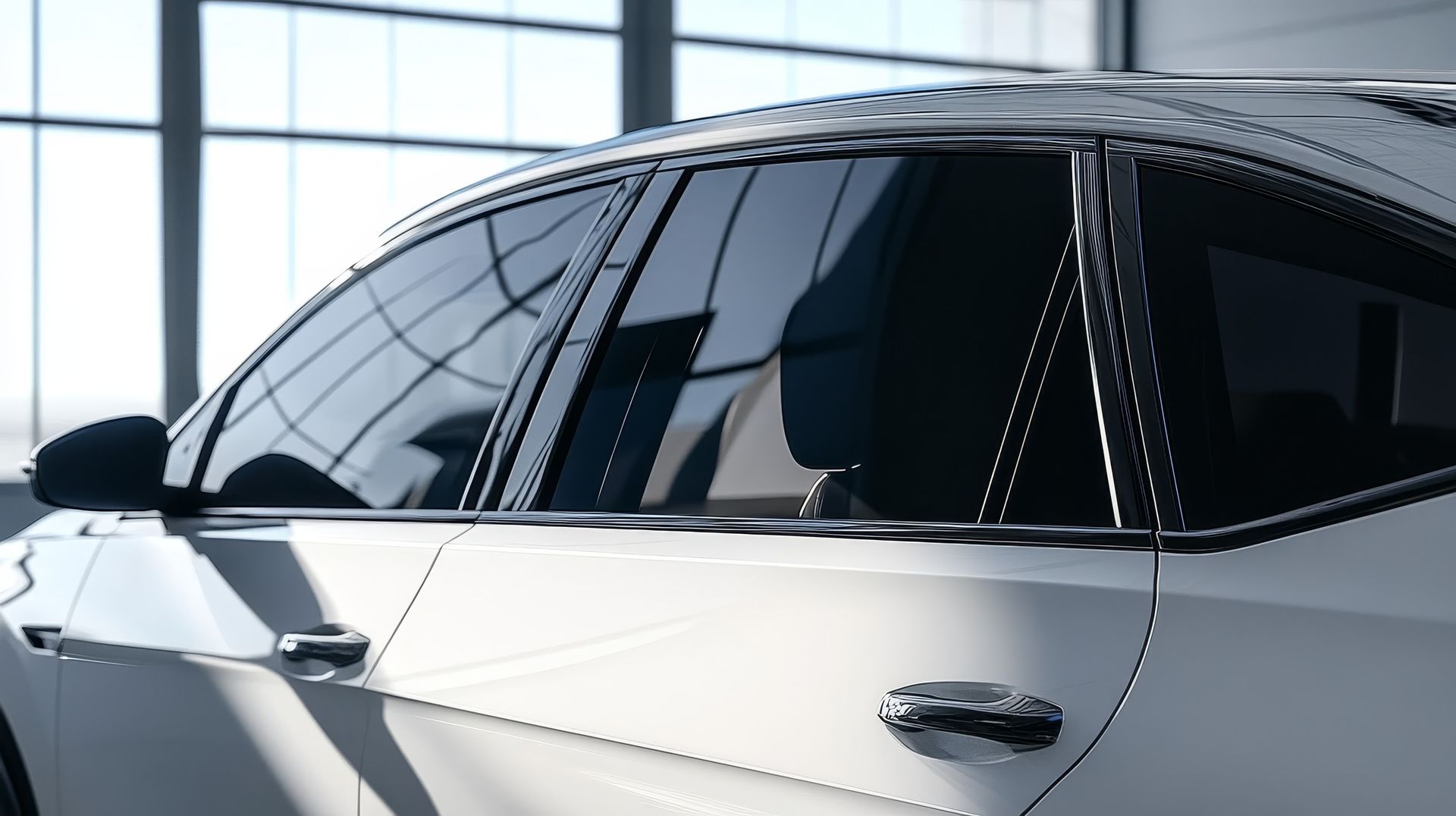 Perfil lateral de un automóvil blanco con ventanas polarizadas en un entorno interior luminoso, probablemente una sala de exposición.