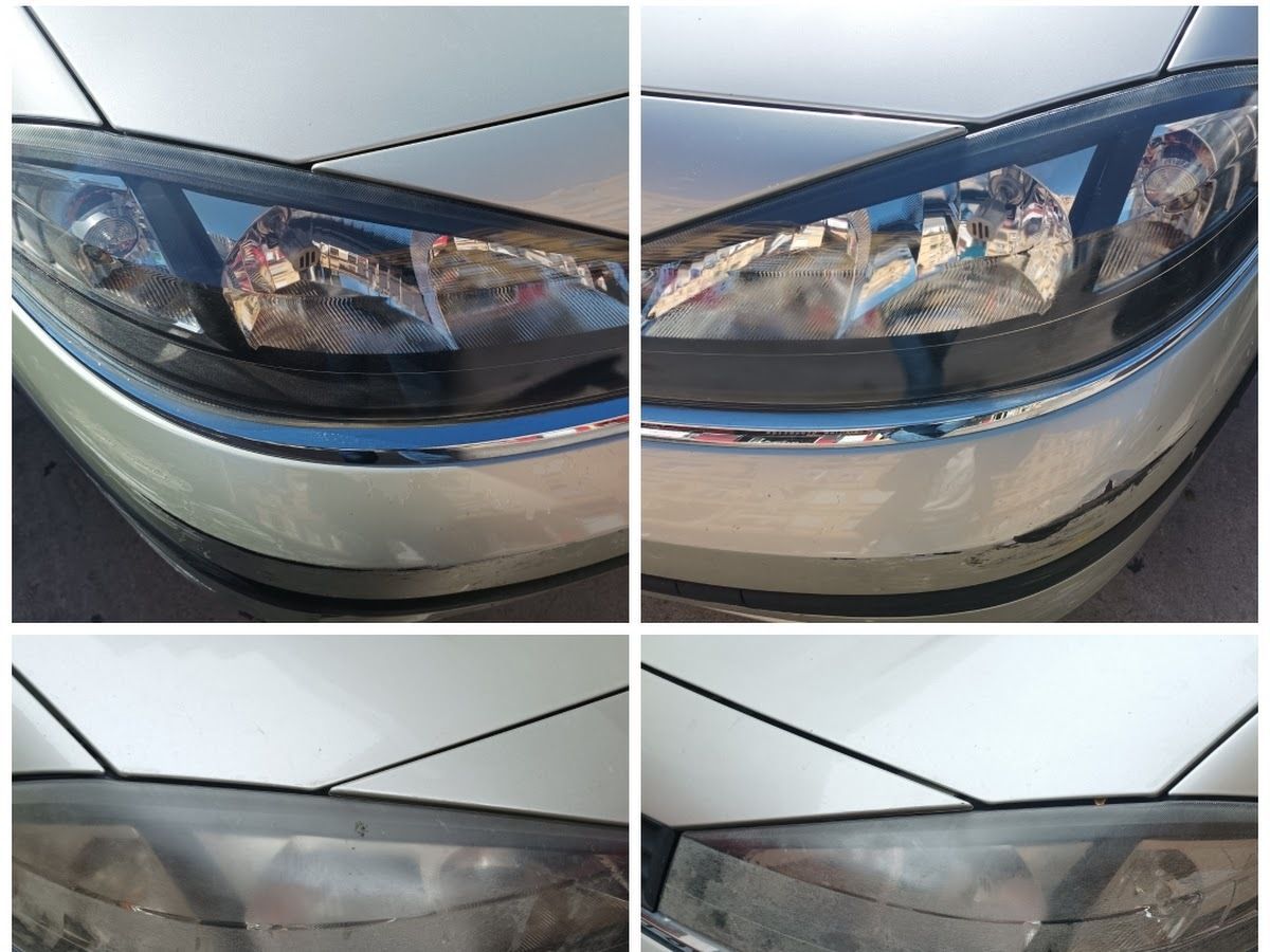 Cuatro vistas de cerca de los faros de un automóvil, que muestran antes y después de la restauración de los faros.