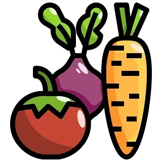 Una ilustración de dibujos animados de una zanahoria, un tomate y una remolacha.