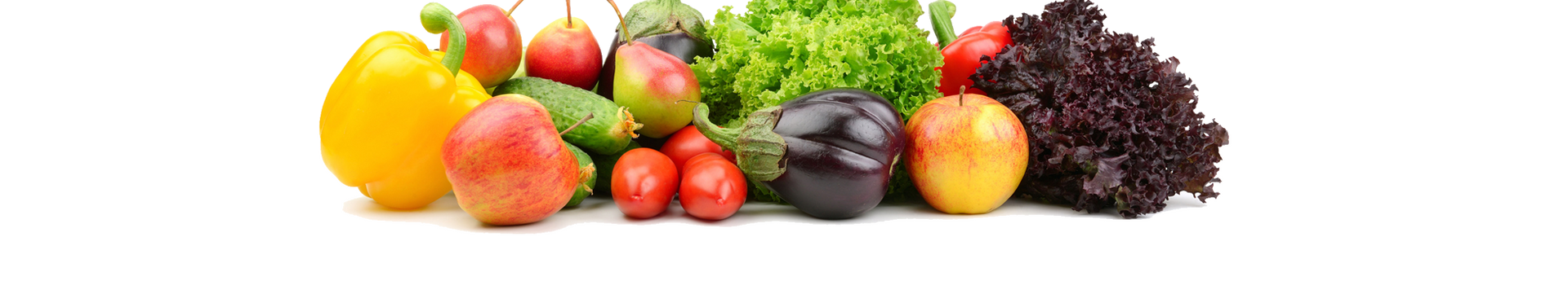 Un montón de frutas y verduras sobre un fondo blanco.