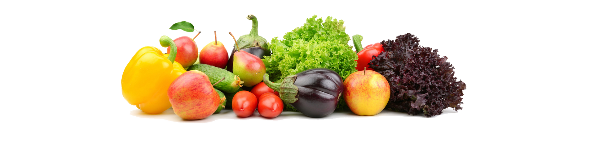 Un montón de frutas y verduras sobre un fondo blanco.