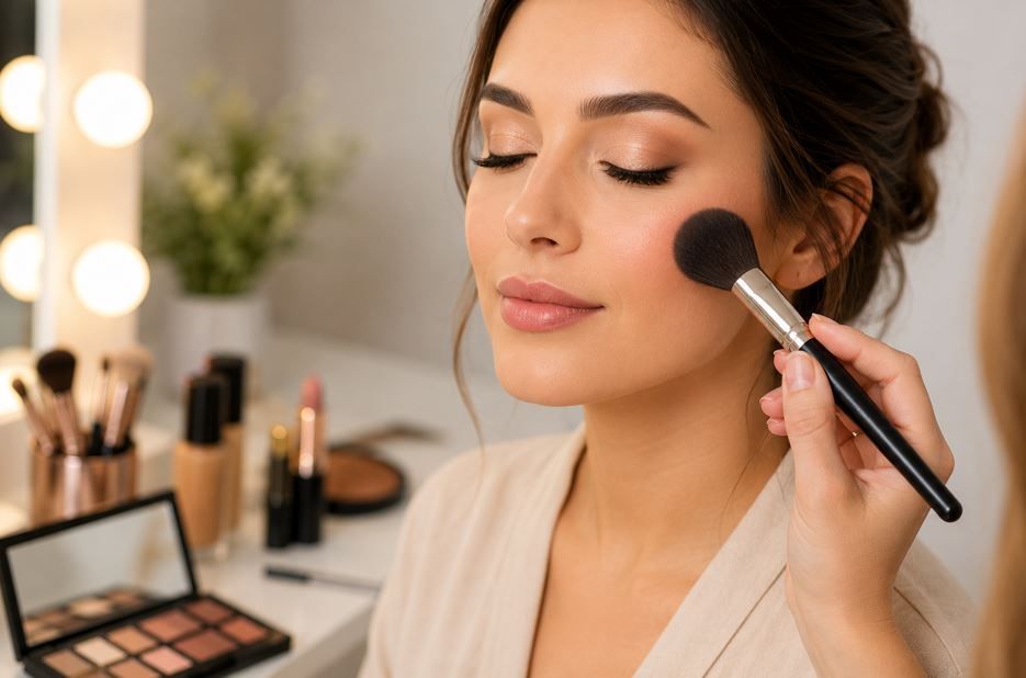 Mujer aplicándose maquillaje con una brocha frente a un espejo de tocador con luces.