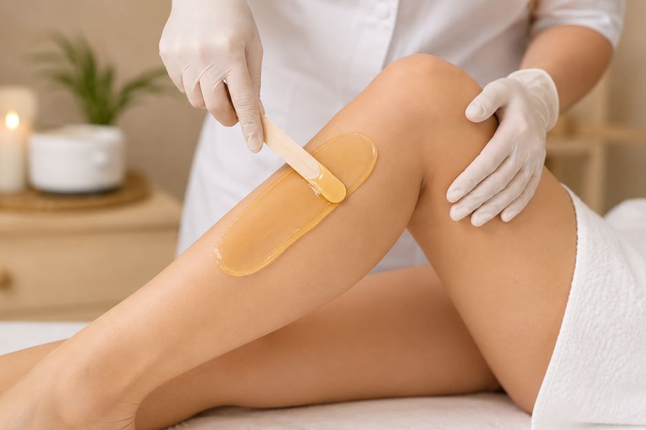 Manos enguantadas aplicando cera en la pierna de una persona en un tratamiento de spa.