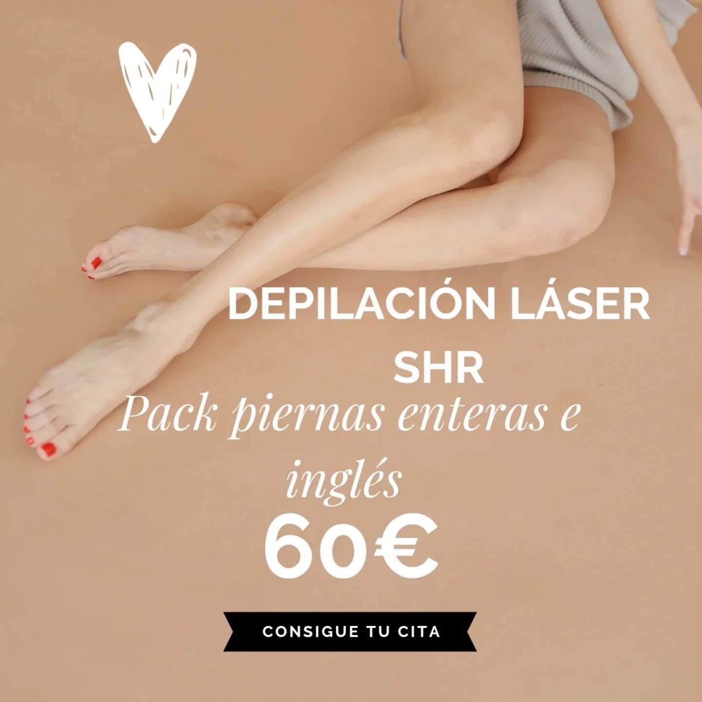 Anuncio de depilación láser SHR para piernas enteras e inglés, 60 €, con piernas sobre fondo beige.