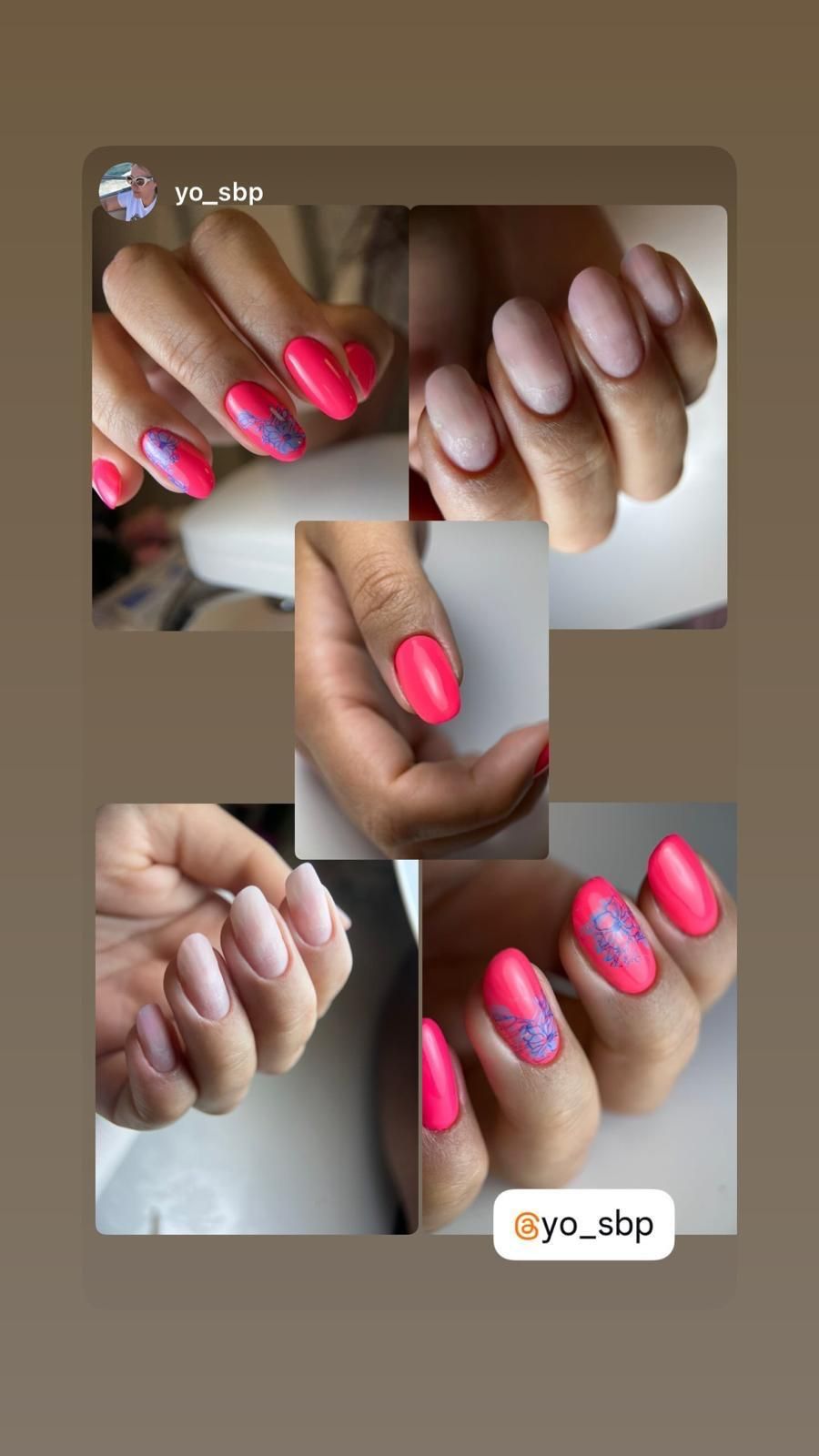 Collage de manos bien cuidadas con uñas de color rosa brillante y uñas color nude, mostradas en primer plano.