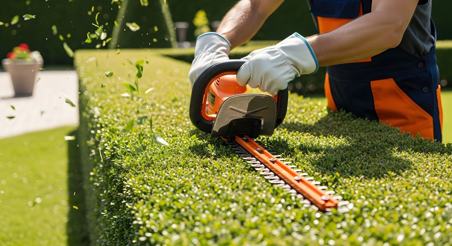Une personne utilise un taille-haie orange et noir pour tailler une haie verte dans un jardin.