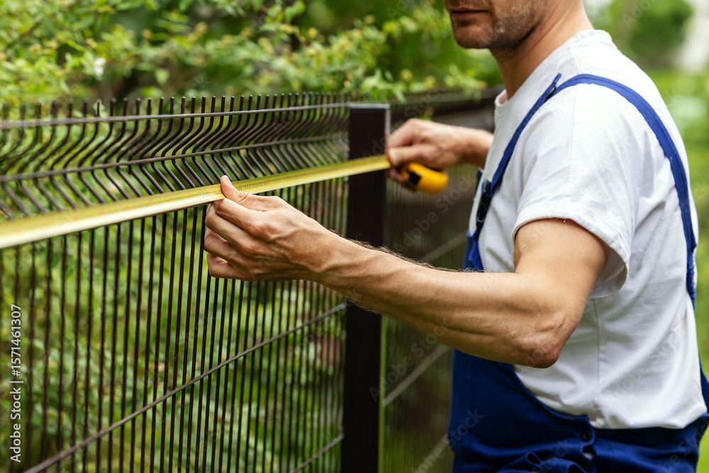 Un homme en salopette mesure une clôture en fil de fer avec un mètre ruban à l'extérieur.