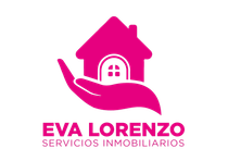 Logotipo rosa con una mano sosteniendo una casa. Texto: «EVA LORENZO SERVICIOS INMOBILIARIOS».