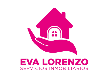 Logotipo rosa con una mano sosteniendo una casa. Texto: «EVA LORENZO SERVICIOS INMOBILIARIOS».