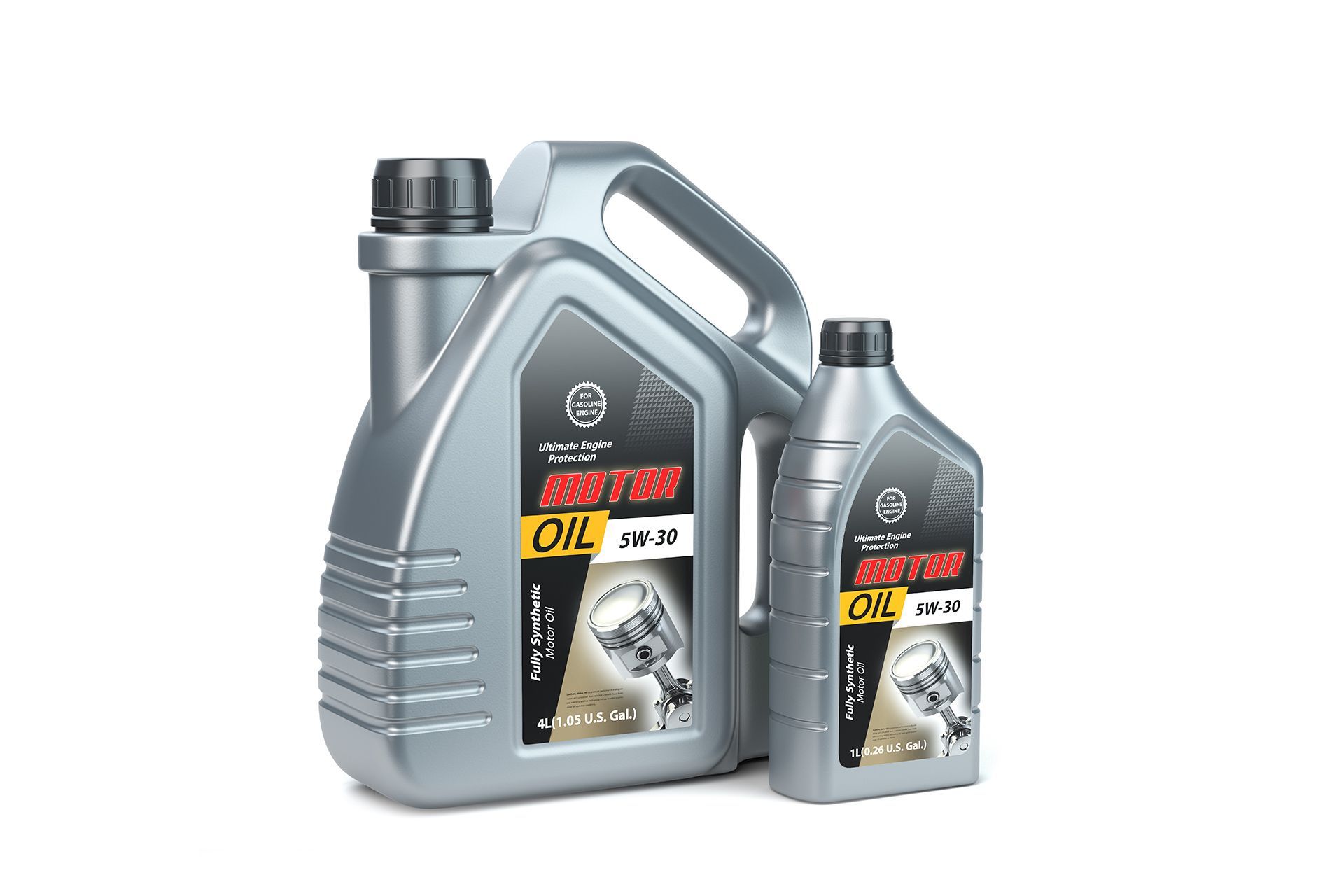 Mão enluvada despejando óleo de uma garrafa no motor de um carro.