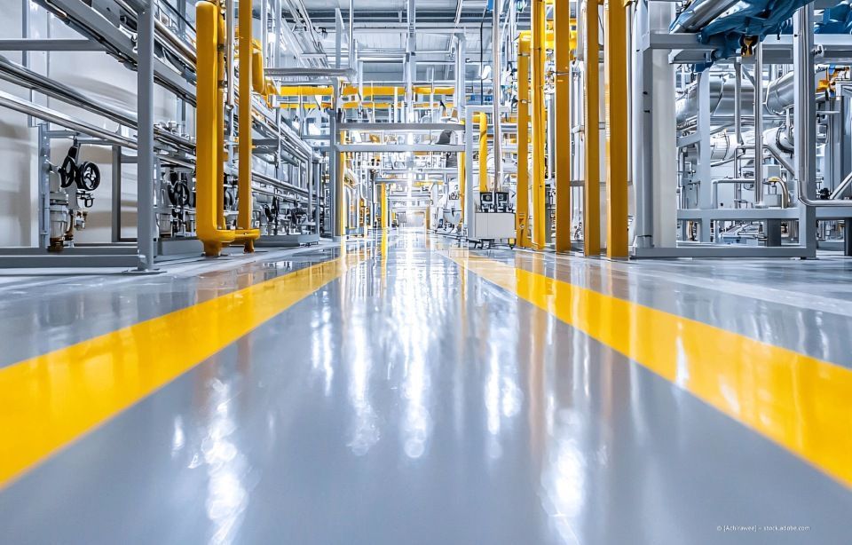 Zwei Arbeiter tragen auf einem Gerüst stehend Stuck mit Rollen auf die Außenfassade eines Gebäudes auf.