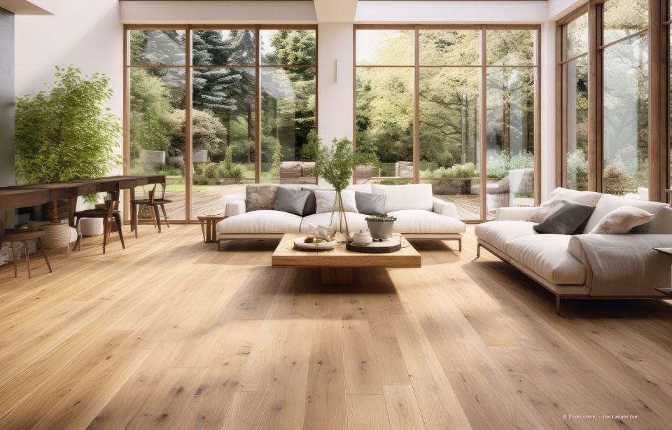 Kniende Person, die Holzböden verlegt, Arbeitshandschuhe trägt, ein Maßband und Holzbretter in einem Raum hat.