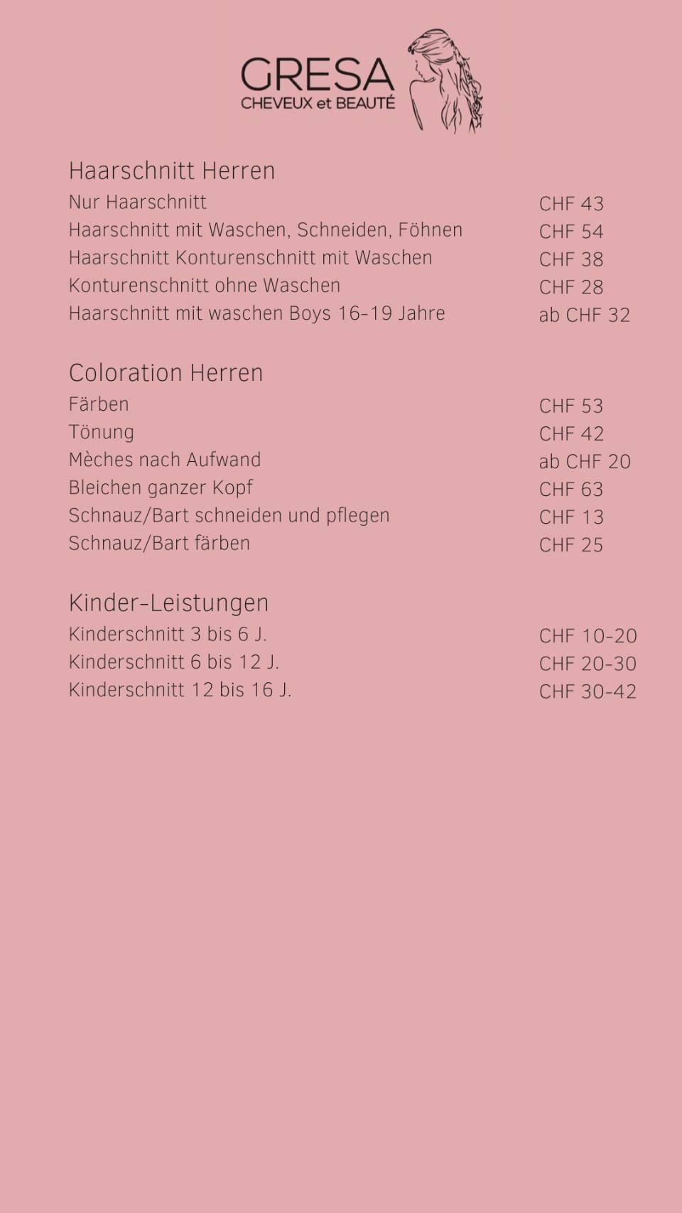 Preisliste von Gresa Cheveux et Beauté