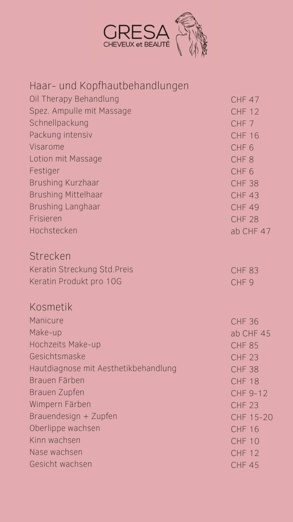 Preisliste von Gresa Cheveux et Beauté