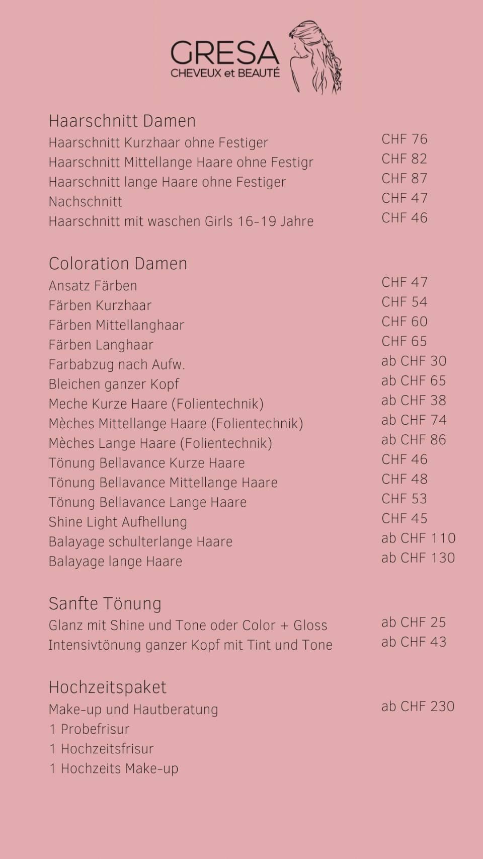 Preisliste von Gresa Cheveux et Beauté