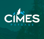 Logo pour Cimes Paysage : Texte blanc sur fond bleu sarcelle, graphisme montagne.