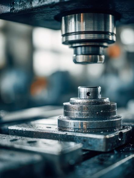 Máquina de estampación de metales con un punzón cilíndrico que desciende sobre una forma metálica.