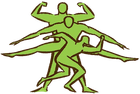 Stilisierte grüne menschliche Figur mit mehreren überlappenden Armen und Beinen in dynamischer Pose auf weißem Hintergrund