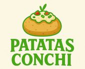 Papa al horno con toppings, texto verde que dice "PATATAS CONCHI" sobre un fondo beige.