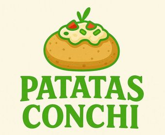 Papa al horno con toppings, texto verde que dice "PATATAS CONCHI" sobre un fondo beige.