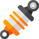 Ilustración gráfica de un amortiguador con un muelle naranja y puntos de fijación de color gris oscuro en los extremos.