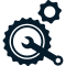 Un icono azul oscuro que muestra una llave inglesa superpuesta a un engranaje, con un engranaje más pequeño encima, que simboliza el mantenimiento o los ajustes.