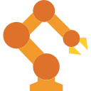 Un sencillo gráfico de un brazo robótico industrial naranja con una pinza amarilla, aislado sobre un fondo blanco.