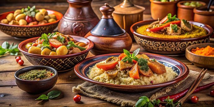 Une table en bois dressée avec divers plats tunisiens, notamment du couscous et des tajines.