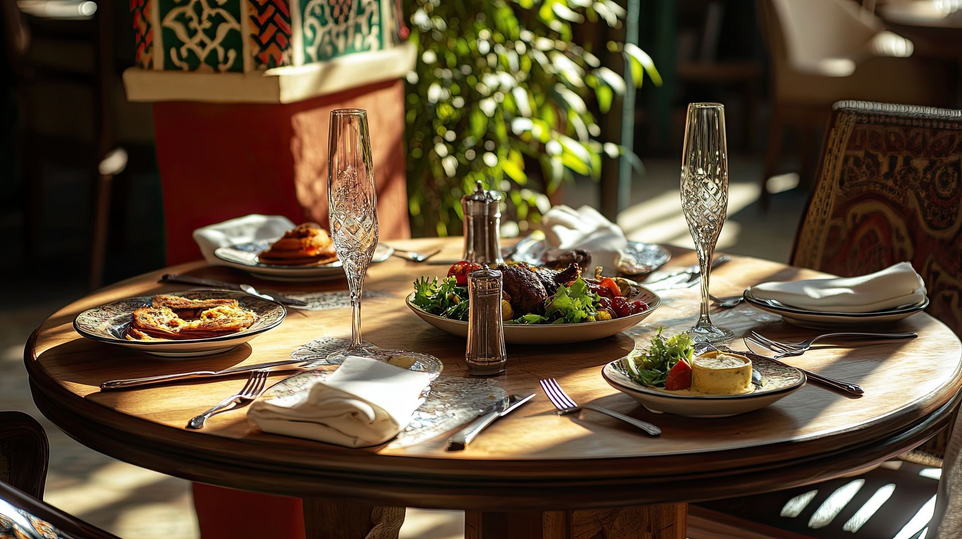 Une table ronde en bois dressée pour deux avec des assiettes de nourriture, des verres et des couverts dans un restaurant.