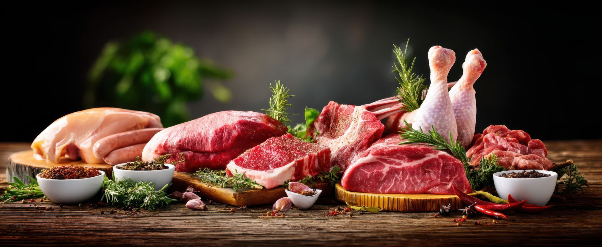 Différentes coupes de viande crue avec des herbes et des épices sur une table en bois.