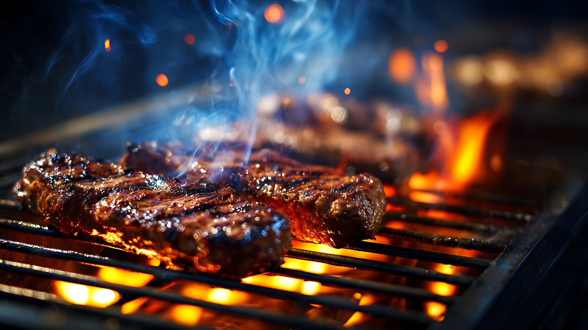 Steaks grillés sur un gril chaud avec des flammes et de la fumée qui s'élèvent.