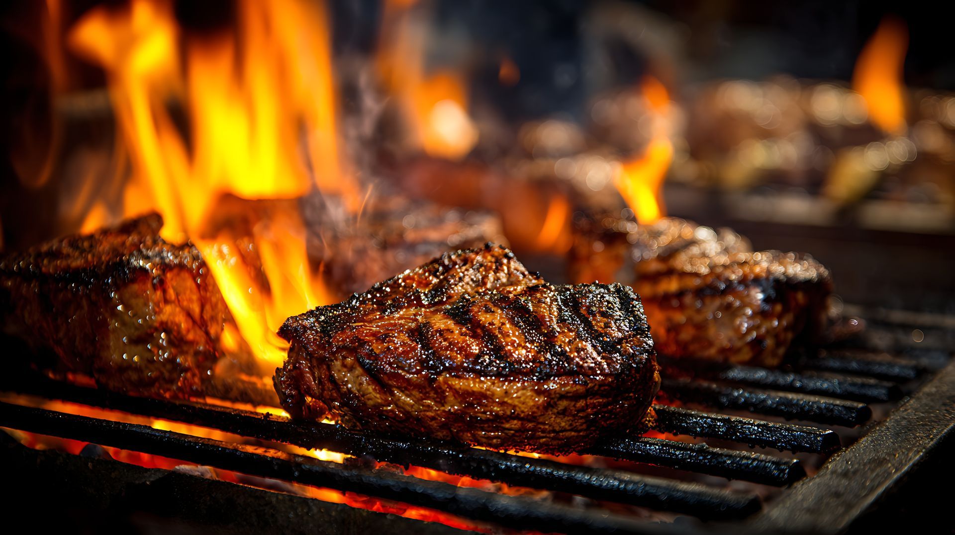 Steaks grillés sur les flammes d'un barbecue, vue rapprochée avec des surfaces carbonisées et des flammes orange.